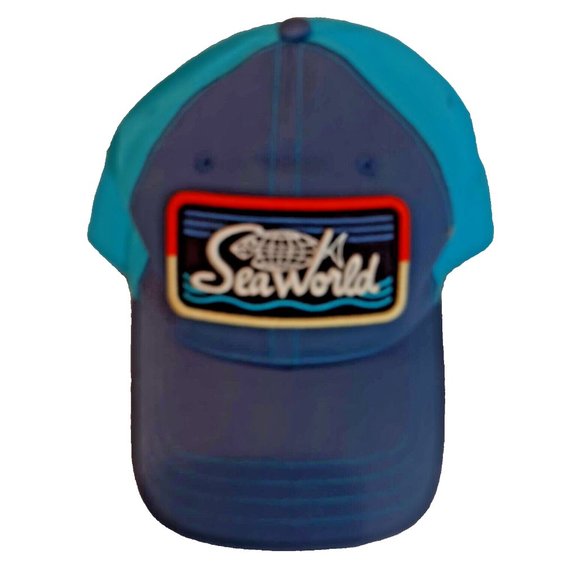 SeaWorld Orig Logo Patch Mens Blue Trucker Cap Strapback Hat w/ Embroidered Logo - Picture 8 of 9